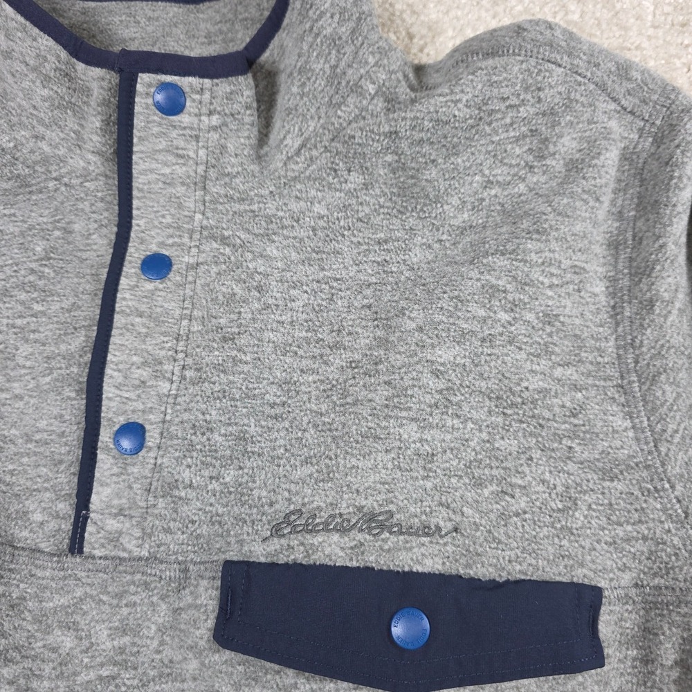 Eddie Bauer Pullover Sweater Mens L Heather Gray Blue Fleece Snap Hiking Comfort